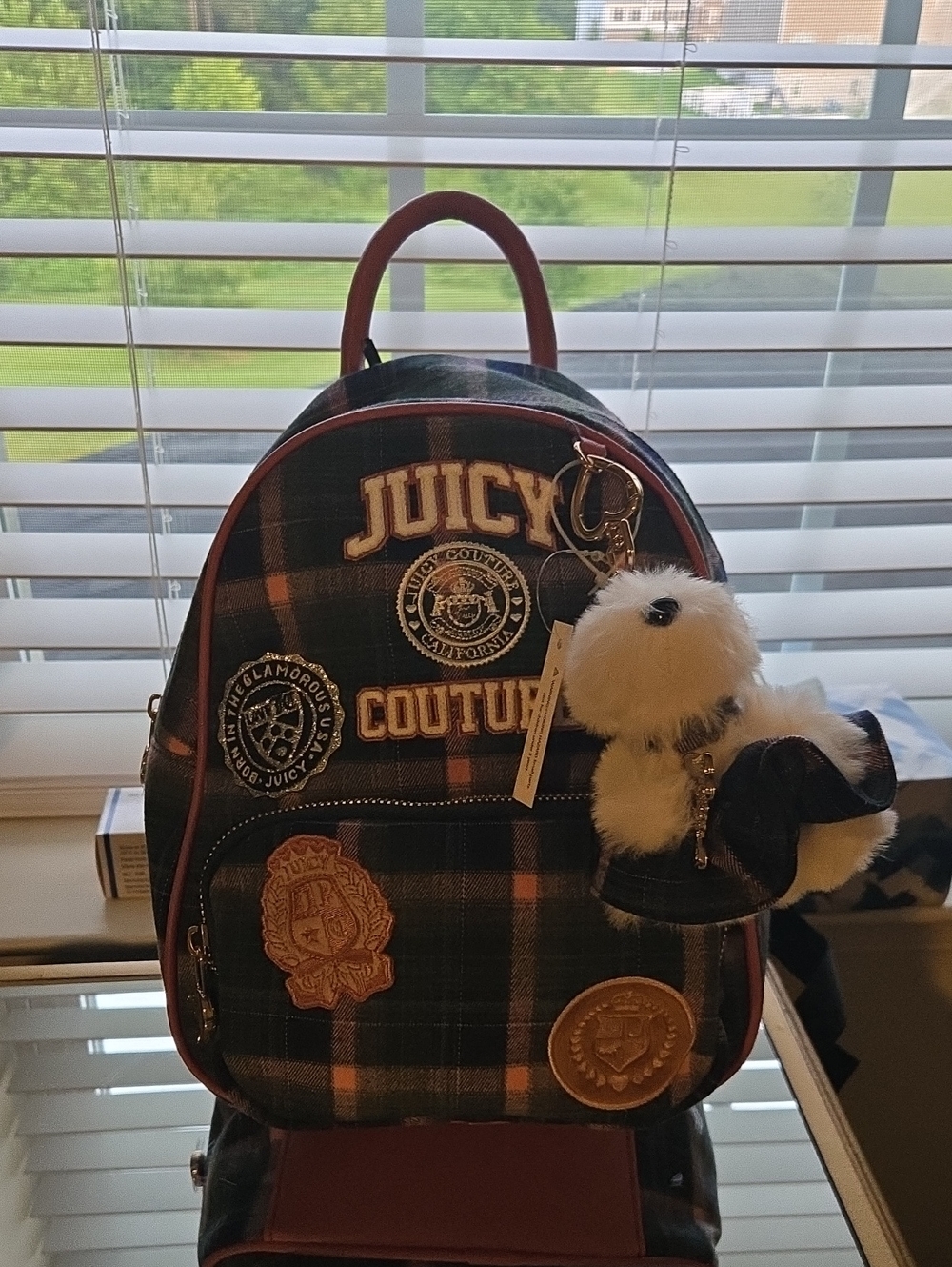 Juicy Couture Pink and Green Plaid Kids Mini Backpack with Plush Bear Charm
